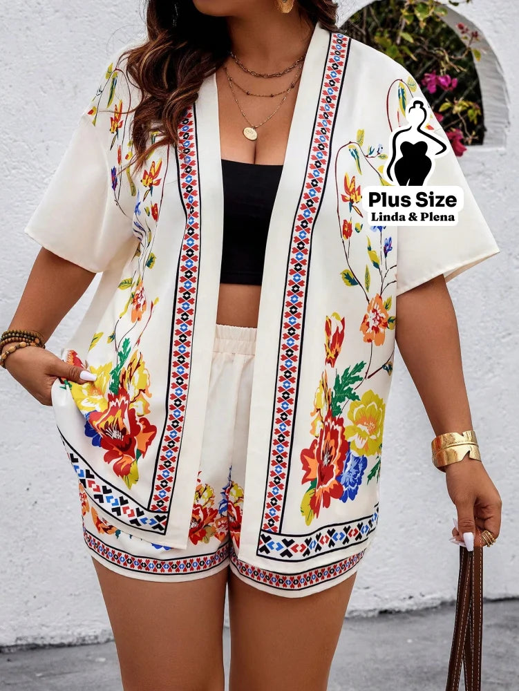 Conjunto Floral com Kimono e Shorts Conforto Plus Size Conjunto Floral com Kimono e Shorts Conforto Plus Size