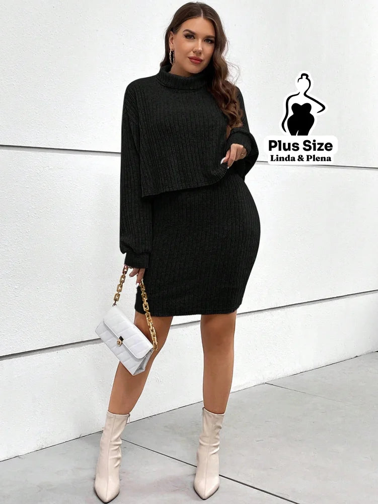 Conjunto Gola Alta Canelado Com Saia Justa Plus Size Conjunto Gola Alta Canelado Com Saia Justa Plus Size