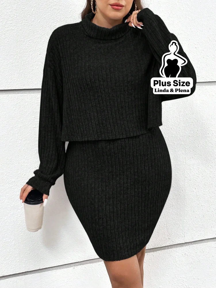 Conjunto Gola Alta Canelado Com Saia Justa Plus Size Conjunto Gola Alta Canelado Com Saia Justa Plus Size