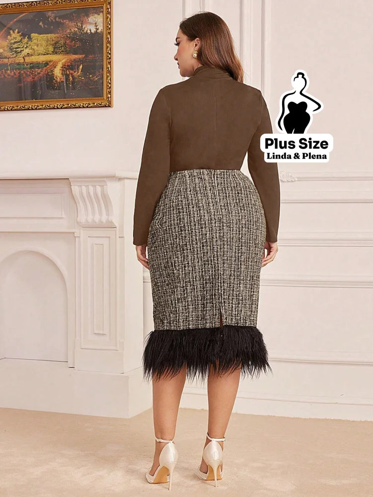 Conjunto Gola Alta Com Saia De Tweed E Plumas Plus Size Conjunto Gola Alta Com Saia De Tweed E Plumas Plus Size
