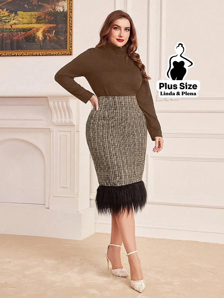 Conjunto Gola Alta Com Saia De Tweed E Plumas Plus Size Conjunto Gola Alta Com Saia De Tweed E Plumas Plus Size