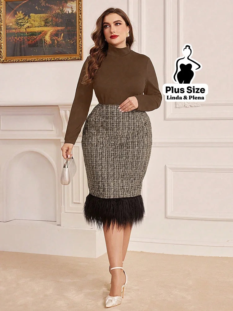 Conjunto Gola Alta Com Saia De Tweed E Plumas Plus Size Café / G Conjunto Gola Alta Com Saia De Tweed E Plumas Plus Size