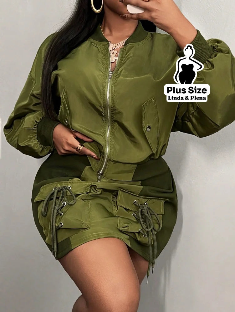 Conjunto Jaqueta Bomber Com Saia Curta Plus Size G Conjunto Jaqueta Bomber Com Saia Curta Plus Size