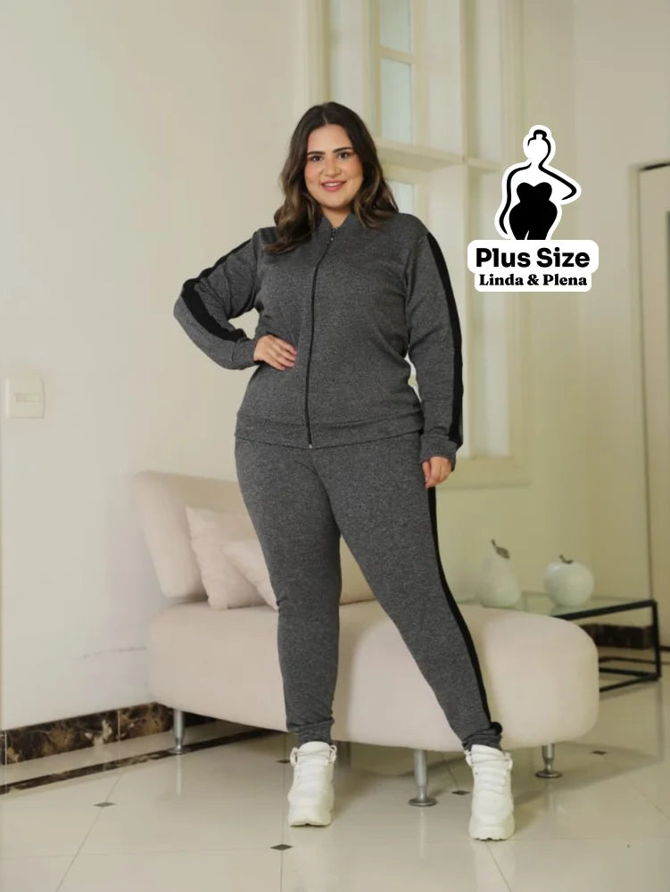 Conjunto Jaqueta Zíper Calça Jogger Faixa Lateral Plus Size Conjunto Jaqueta Zíper Calça Jogger Faixa Lateral Plus Size