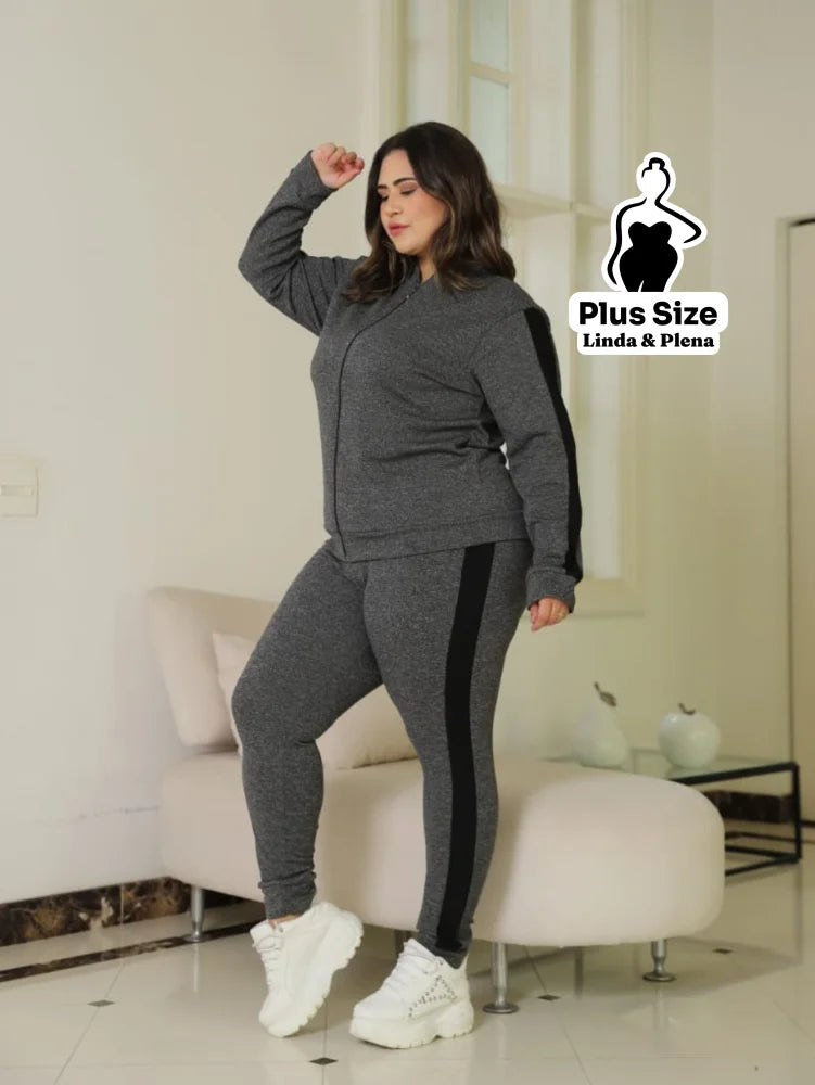 Conjunto Jaqueta Zíper Calça Jogger Faixa Lateral Plus Size Conjunto Jaqueta Zíper Calça Jogger Faixa Lateral Plus Size