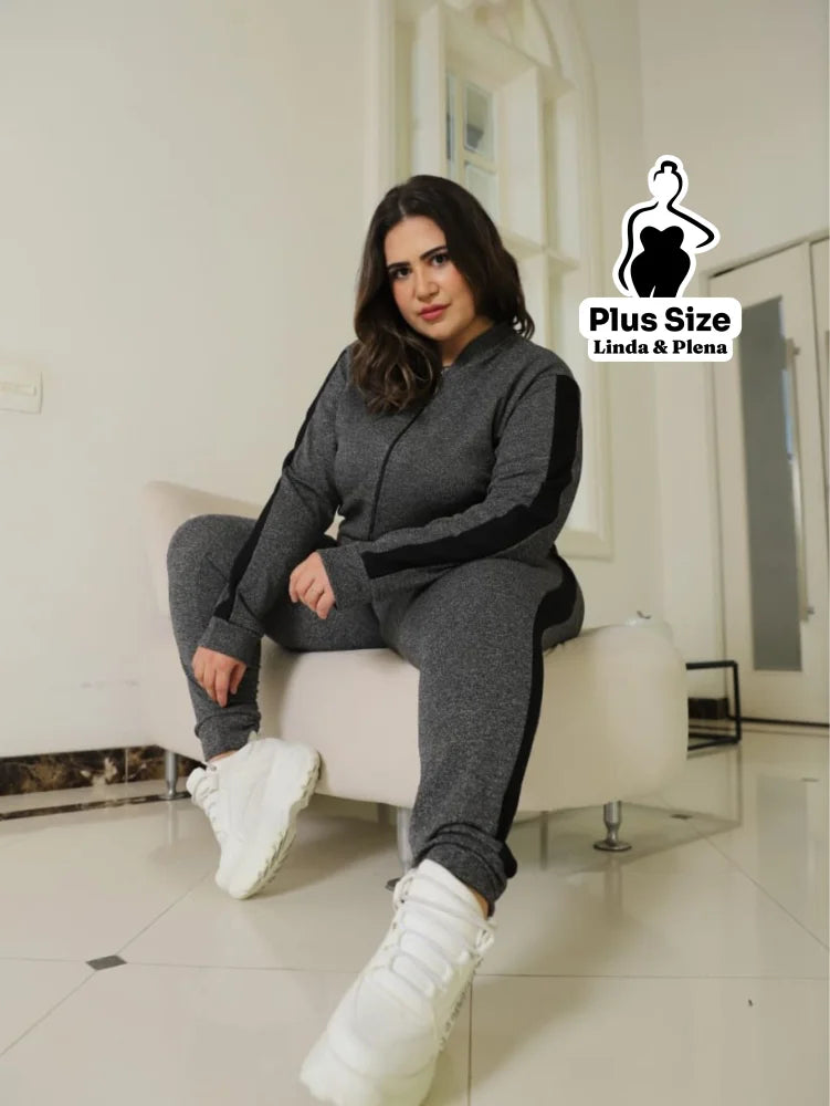 Conjunto Jaqueta Zíper Calça Jogger Faixa Lateral Plus Size Conjunto Jaqueta Zíper Calça Jogger Faixa Lateral Plus Size