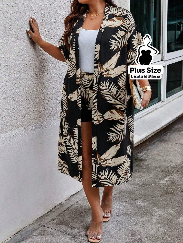 Conjunto Kimono Longo Com Shorts Estampado Plus Size Conjunto Kimono Longo Com Shorts Estampado Plus Size