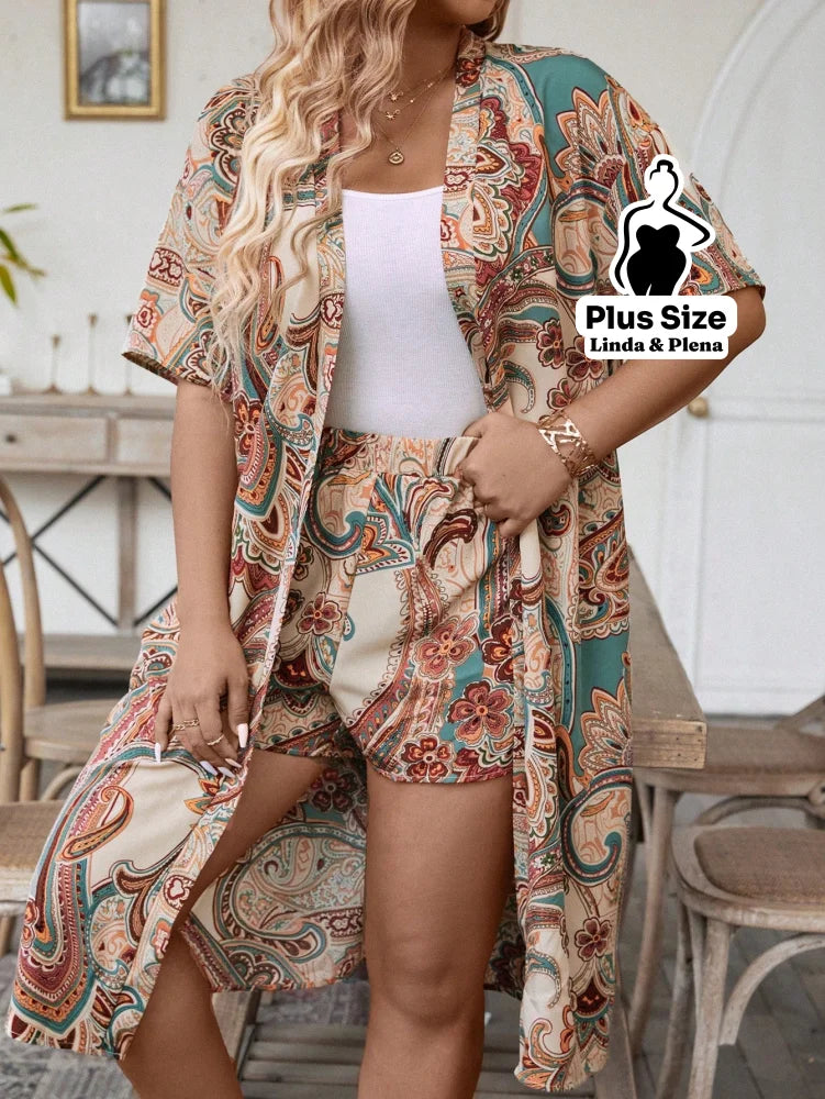 Conjunto Kimono Manga Curta Shorts Cós Elástico Plus Size Conjunto Kimono Manga Curta Shorts Cós Elástico Plus Size