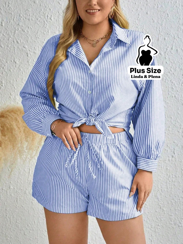 Conjunto Listrado Camisa Longa Com Short Conforto Plus Size Conjunto Listrado Camisa Longa Com Short Conforto Plus Size