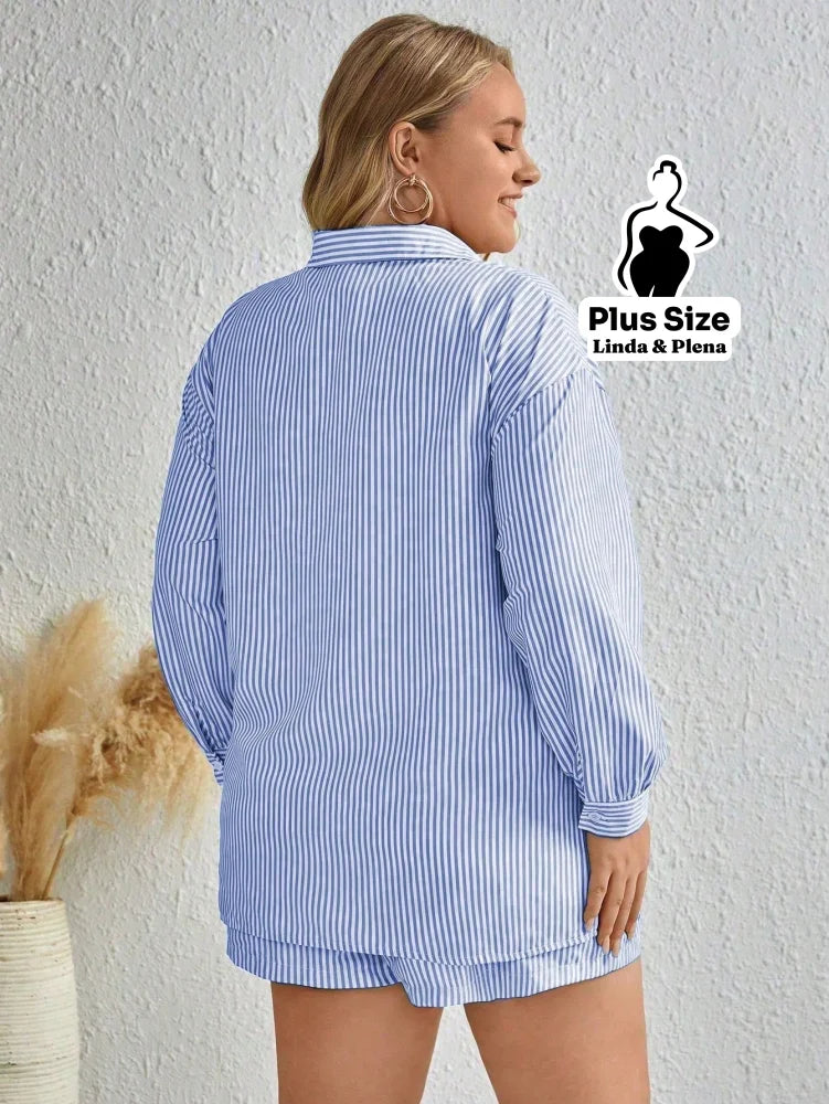 Conjunto Listrado Camisa Longa Com Short Conforto Plus Size Conjunto Listrado Camisa Longa Com Short Conforto Plus Size