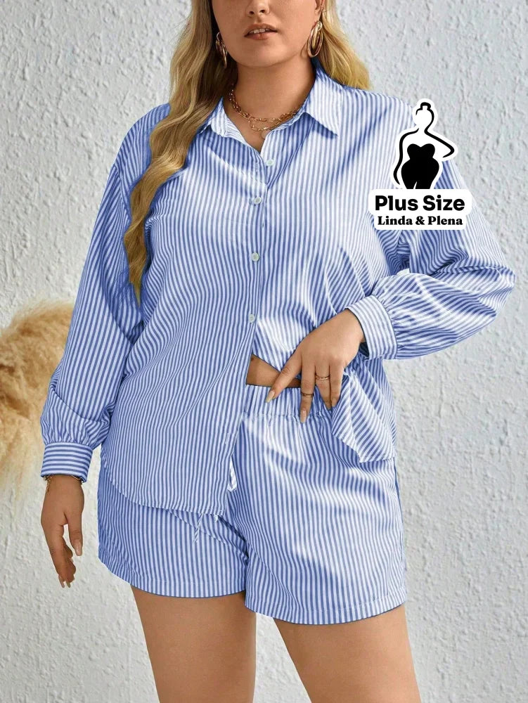 Conjunto Listrado Camisa Longa Com Short Conforto Plus Size Conjunto Listrado Camisa Longa Com Short Conforto Plus Size