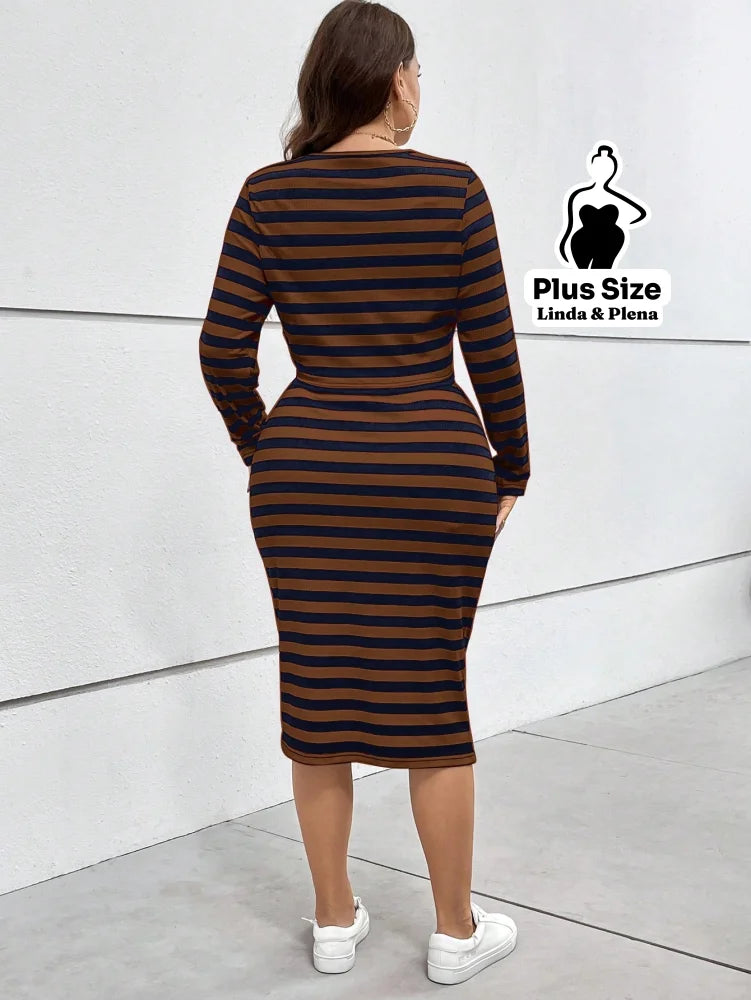 Conjunto Listrado Manga Longa Com Saia Justa Plus Size Conjunto Listrado Manga Longa Com Saia Justa Plus Size
