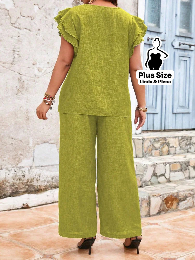 Conjunto Manga Babado Com Textura Delicada Plus Size Conjunto Manga Babado Com Textura Delicada Plus Size