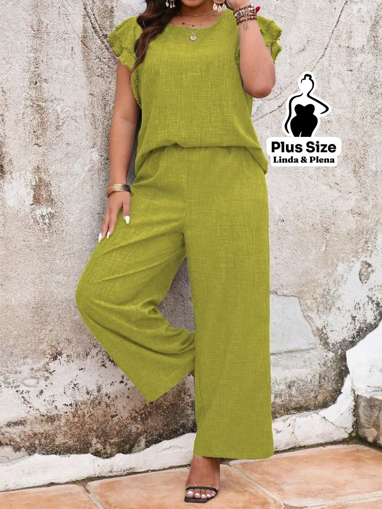 Conjunto Manga Babado Com Textura Delicada Plus Size Conjunto Manga Babado Com Textura Delicada Plus Size