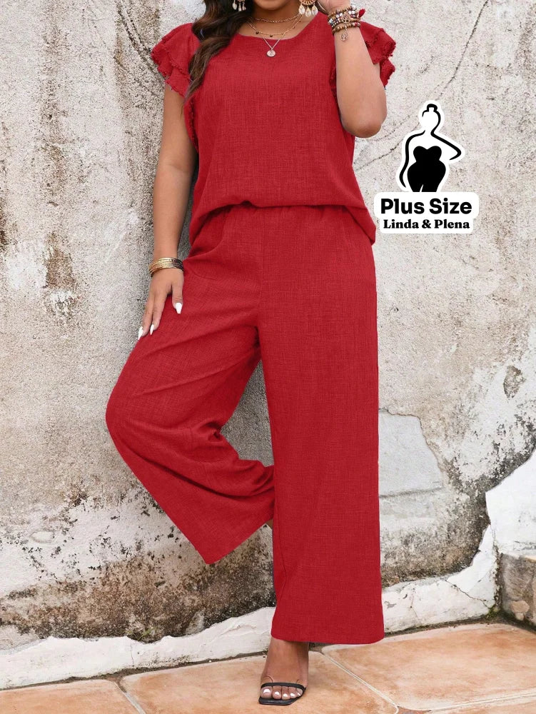 Conjunto Manga Babado Com Textura Delicada Plus Size Conjunto Manga Babado Com Textura Delicada Plus Size