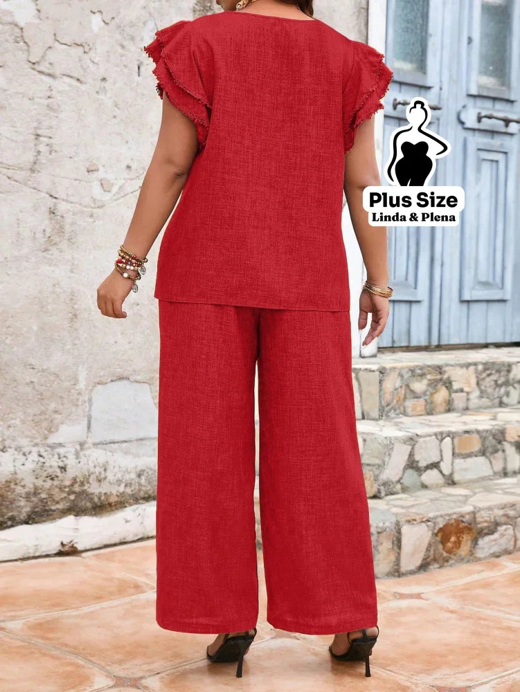 Conjunto Manga Babado Com Textura Delicada Plus Size Conjunto Manga Babado Com Textura Delicada Plus Size