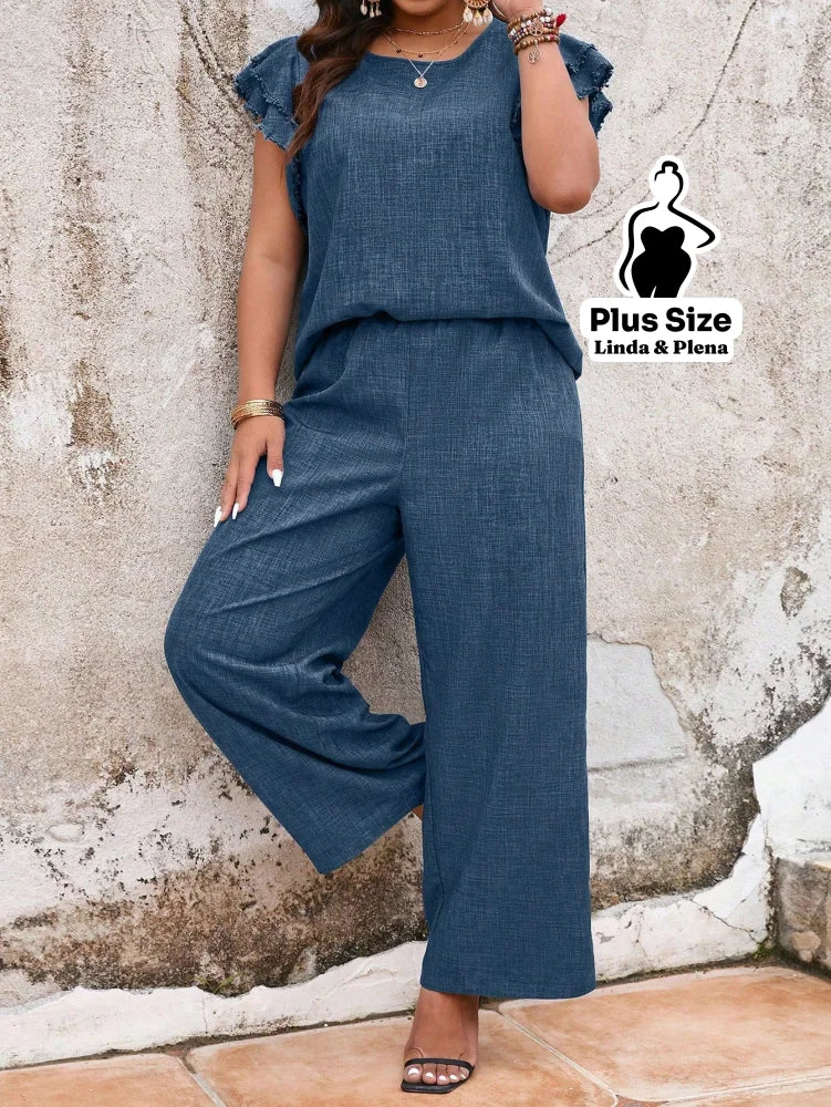 Conjunto Manga Babado Com Textura Delicada Plus Size Conjunto Manga Babado Com Textura Delicada Plus Size