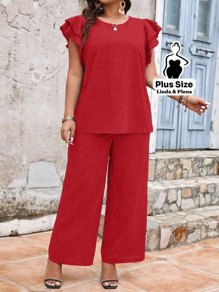 Conjunto Manga Babado Com Textura Delicada Plus Size Conjunto Manga Babado Com Textura Delicada Plus Size