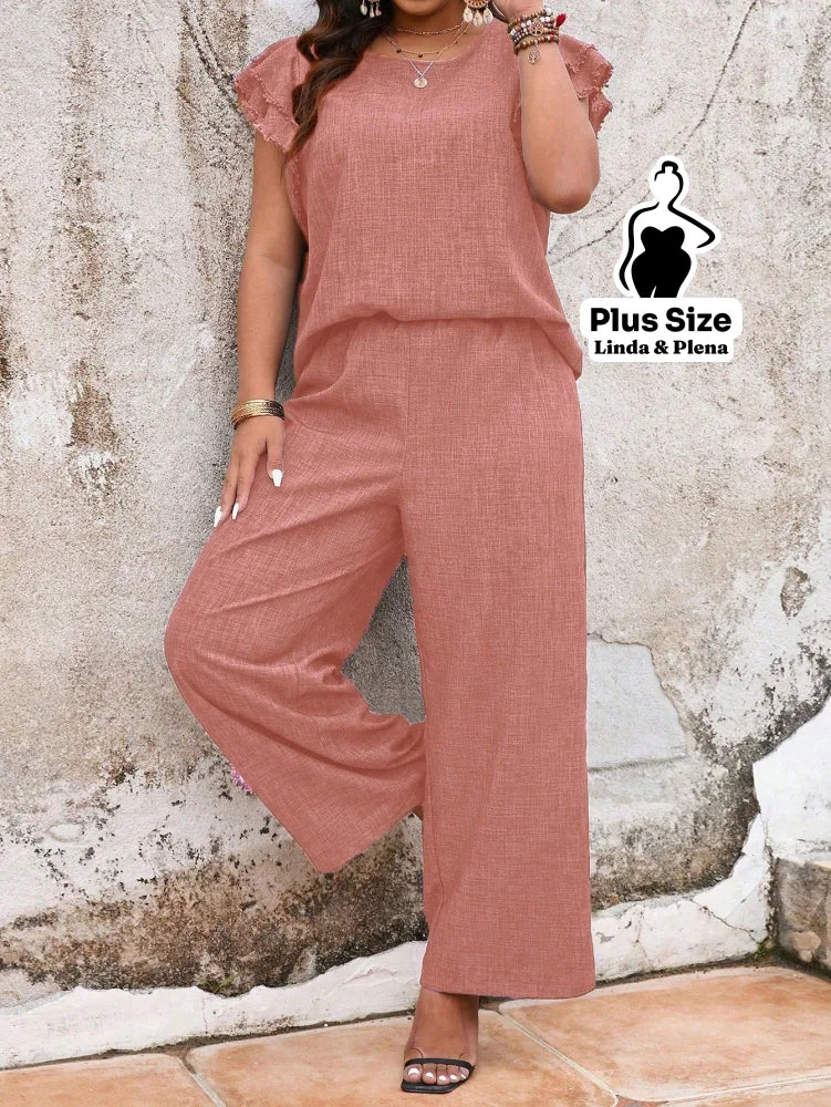 Conjunto Manga Babado Com Textura Delicada Plus Size Conjunto Manga Babado Com Textura Delicada Plus Size