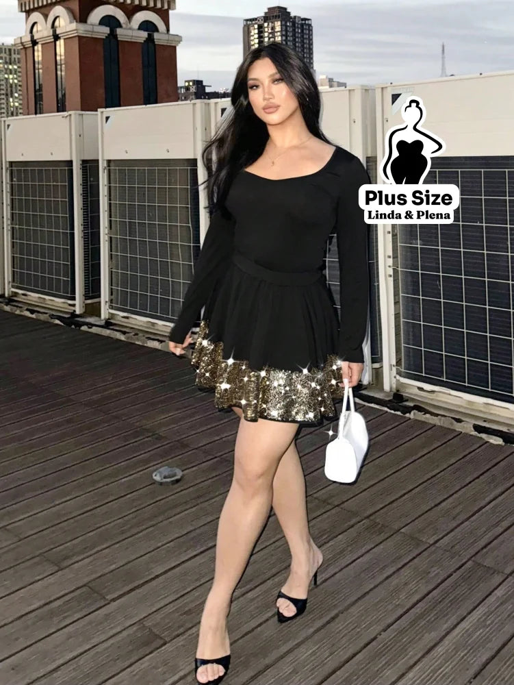 Conjunto Manga Longa Com Saia Curta E Paetê Plus Size Conjunto Manga Longa Com Saia Curta E Paetê Plus Size