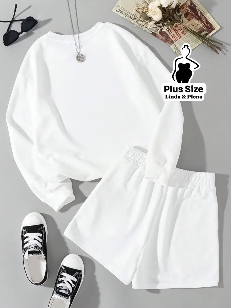 Conjunto Moletom Cropped Estampado E Shortinho Plus Size Conjunto Moletom Cropped Estampado E Shortinho Plus Size