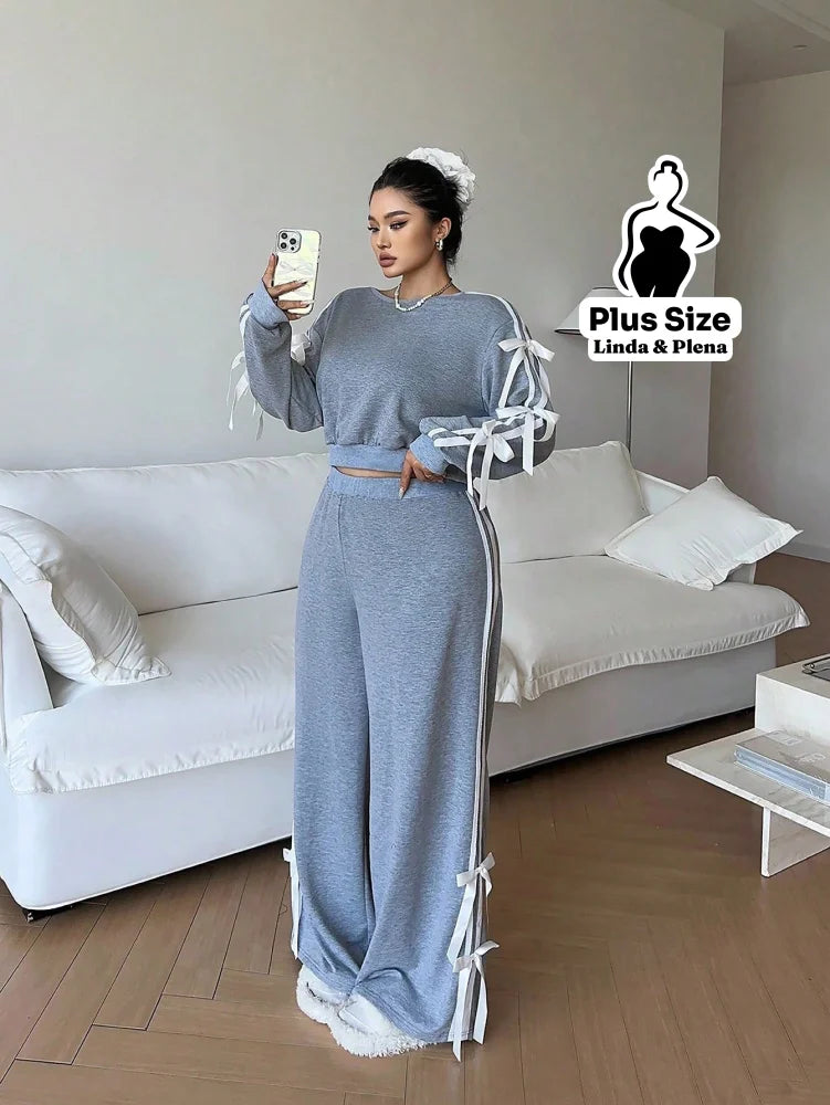 Conjunto Moletom Detalhes Com Faixa Laterais Plus Size Conjunto Moletom Detalhes Com Faixa Laterais Plus Size