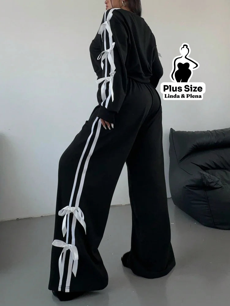 Conjunto Moletom Detalhes Com Faixa Laterais Plus Size Conjunto Moletom Detalhes Com Faixa Laterais Plus Size