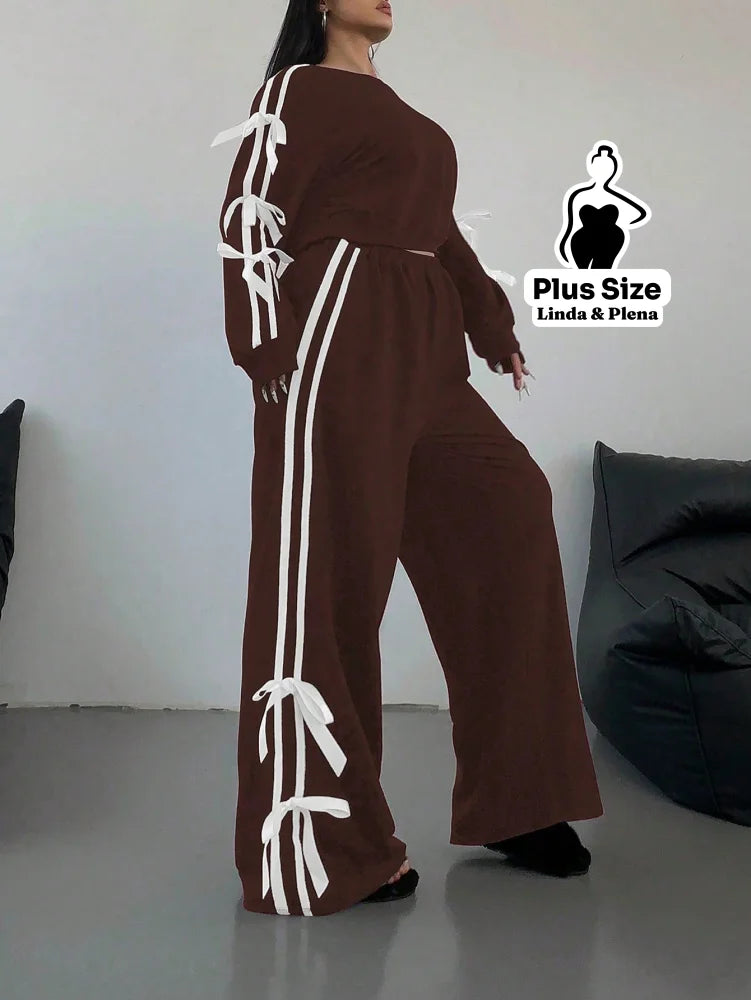 Conjunto Moletom Detalhes Com Faixa Laterais Plus Size Conjunto Moletom Detalhes Com Faixa Laterais Plus Size