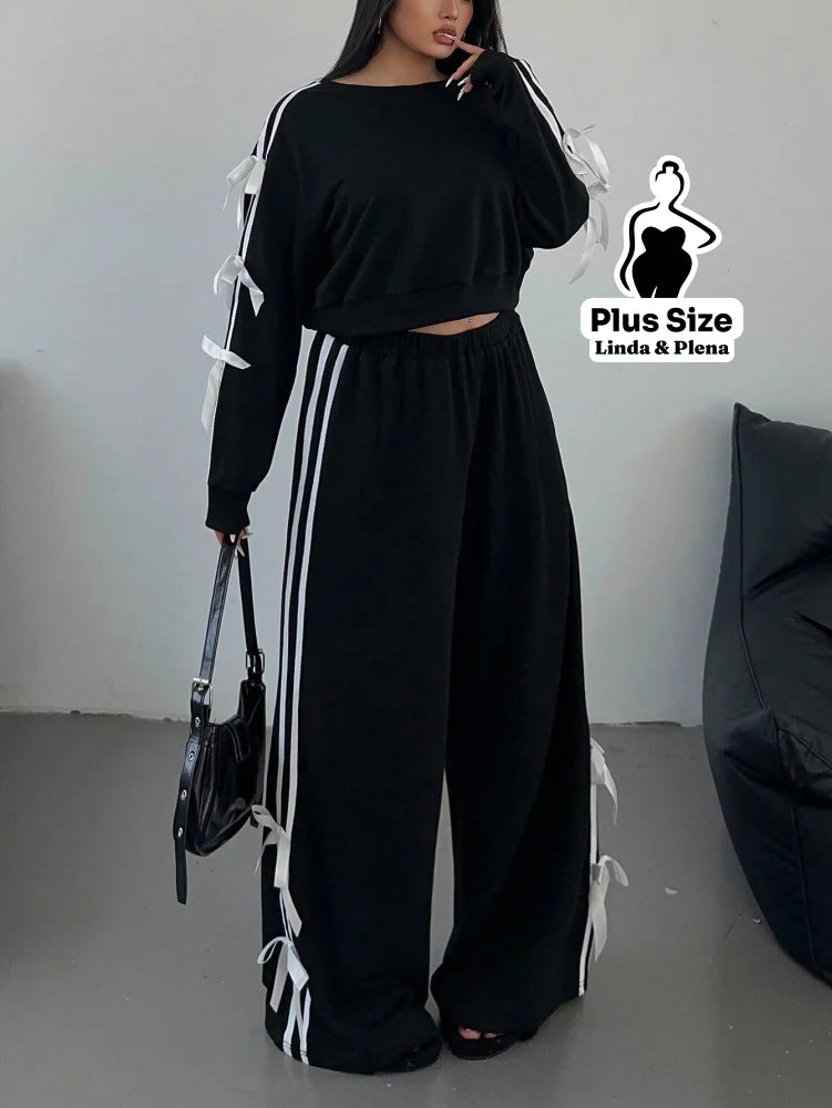 Conjunto Moletom Detalhes Com Faixa Laterais Plus Size Conjunto Moletom Detalhes Com Faixa Laterais Plus Size
