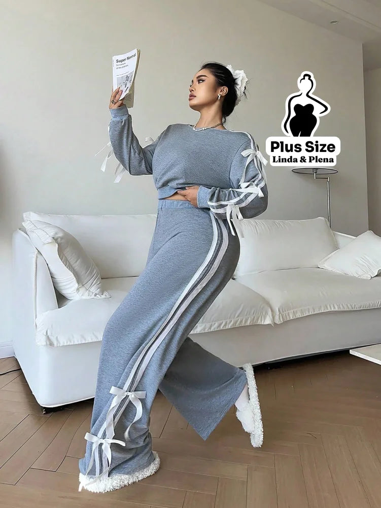Conjunto Moletom Detalhes Com Faixa Laterais Plus Size Conjunto Moletom Detalhes Com Faixa Laterais Plus Size