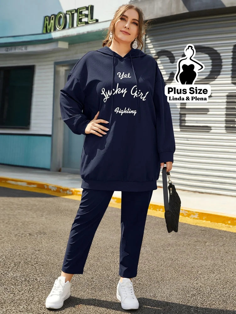 Conjunto Moletom Estampado Com Capuz E Calça Plus Size Azul Marinho / G Conjunto Moletom Estampado Com Capuz E Calça