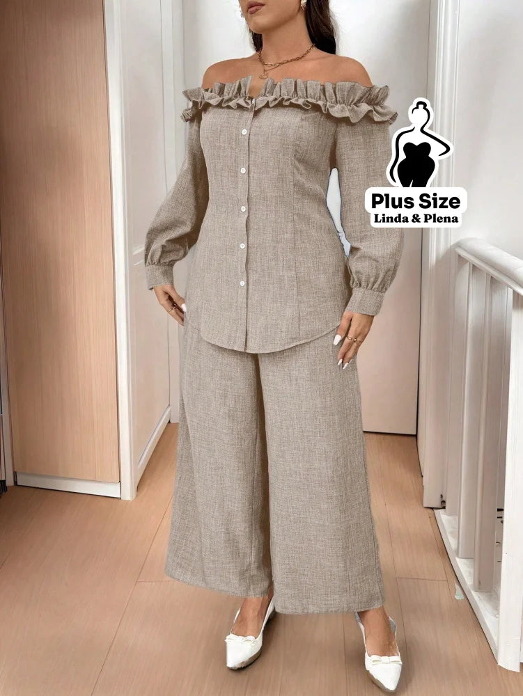 Conjunto Ombro A Ombro Com Babados E Calça Pantalona Plus Size Conjunto Ombro A Ombro Com Babados E Calça Pantalona