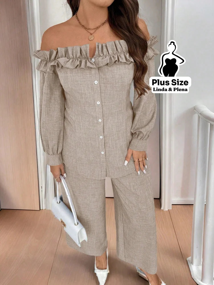Conjunto Ombro A Ombro Com Babados E Calça Pantalona Plus Size Conjunto Ombro A Ombro Com Babados E Calça Pantalona