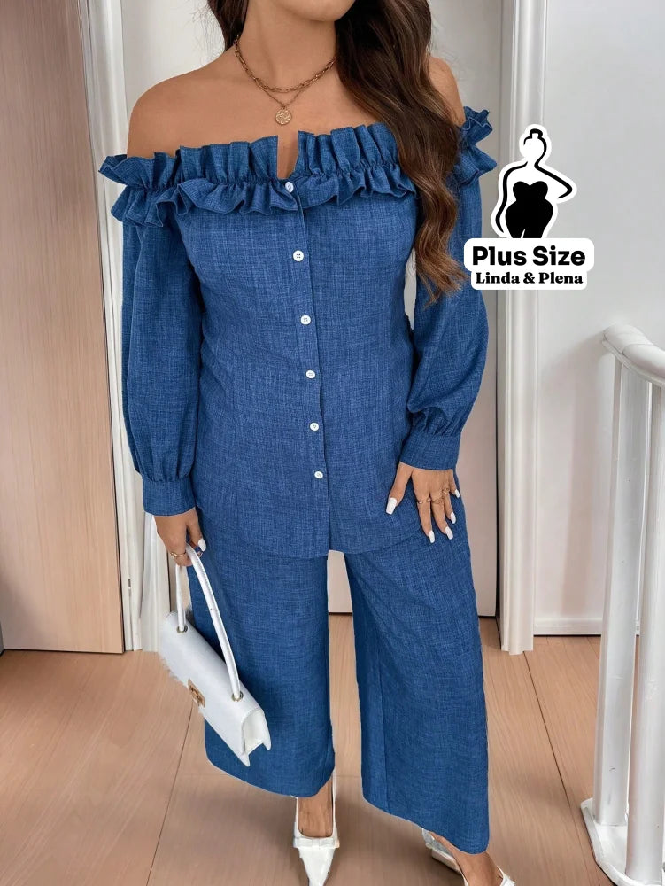 Conjunto Ombro A Ombro Com Babados E Calça Pantalona Plus Size Conjunto Ombro A Ombro Com Babados E Calça Pantalona