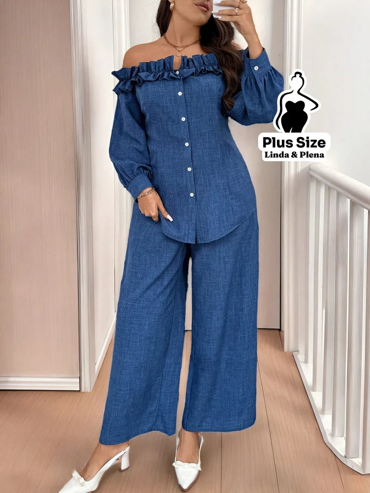 Conjunto Ombro A Ombro Com Babados E Calça Pantalona Plus Size Conjunto Ombro A Ombro Com Babados E Calça Pantalona