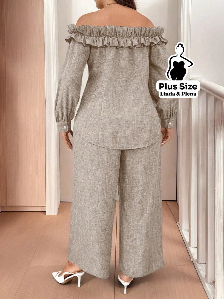 Conjunto Ombro A Ombro Com Babados E Calça Pantalona Plus Size Conjunto Ombro A Ombro Com Babados E Calça Pantalona
