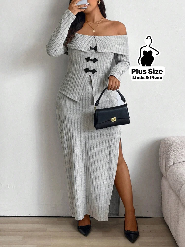 Conjunto Ombro A Ombro Com Botões E Saia Fenda Plus Size Conjunto Ombro A Ombro Com Botões E Saia Fenda Plus Size