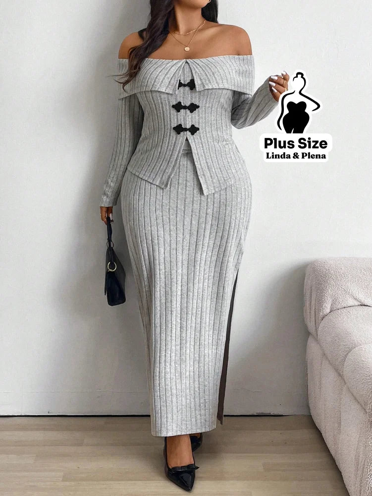 Conjunto Ombro A Ombro Com Botões E Saia Fenda Plus Size Conjunto Ombro A Ombro Com Botões E Saia Fenda Plus Size