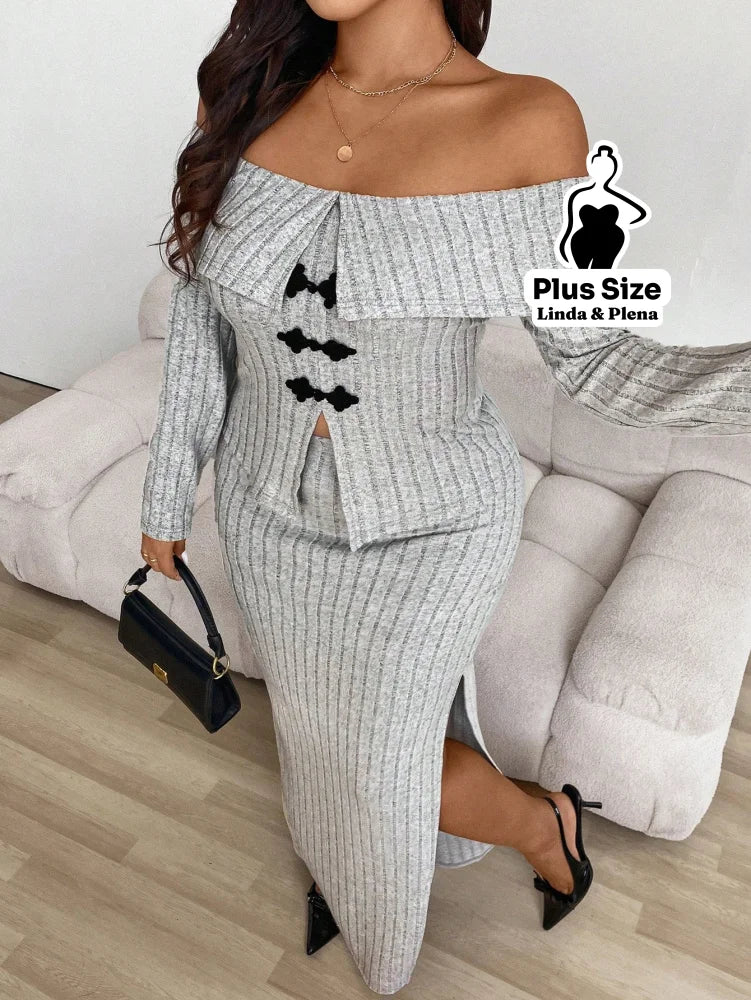 Conjunto Ombro A Ombro Com Botões E Saia Fenda Plus Size Conjunto Ombro A Ombro Com Botões E Saia Fenda Plus Size