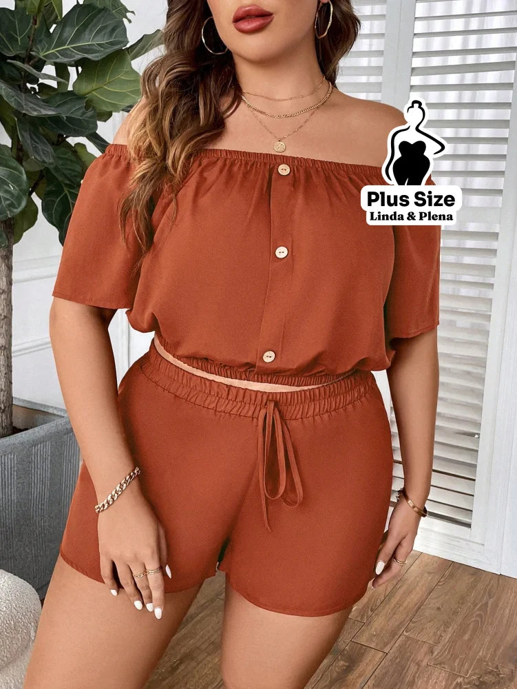 Conjunto Ombro A Ombro Com Shorts De Cintura Alta Plus Size Conjunto Ombro A Ombro Com Shorts De Cintura Alta Plus Size
