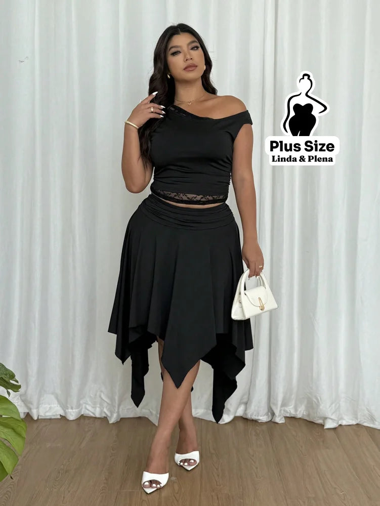 Conjunto Ombro Só Com Detalhe Renda E Saia Assimétrica Plus Size Conjunto Ombro Só Com Detalhe Renda E Saia Assimétrica