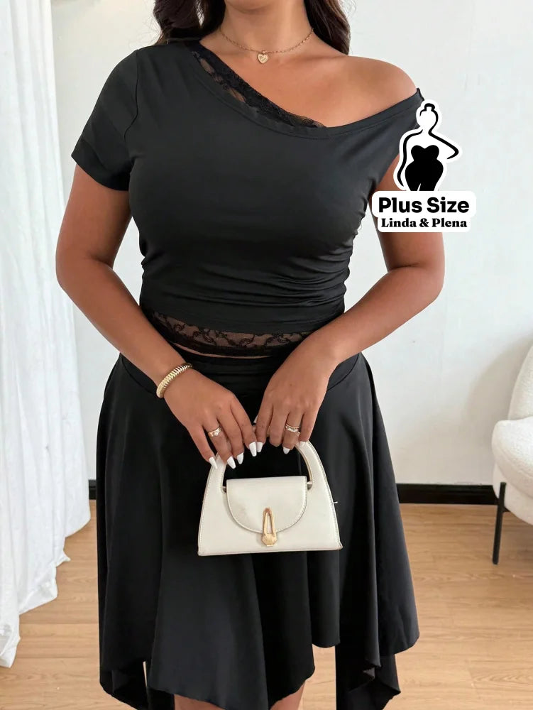 Conjunto Ombro Só Com Detalhe Renda E Saia Assimétrica Plus Size Conjunto Ombro Só Com Detalhe Renda E Saia Assimétrica