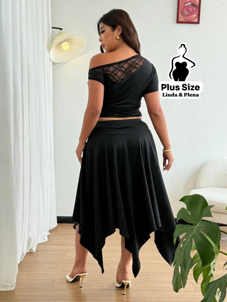 Conjunto Ombro Só Com Detalhe Renda E Saia Assimétrica Plus Size Conjunto Ombro Só Com Detalhe Renda E Saia Assimétrica
