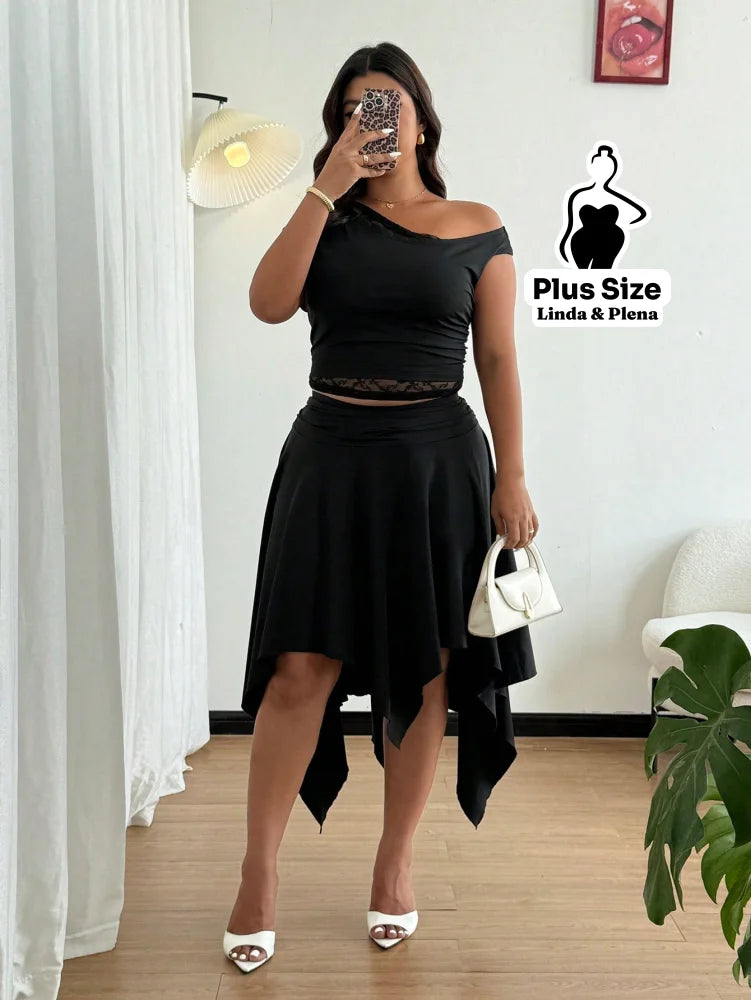 Conjunto Ombro Só Com Detalhe Renda E Saia Assimétrica Plus Size Conjunto Ombro Só Com Detalhe Renda E Saia Assimétrica