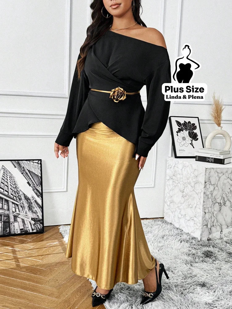 Conjunto Ombro Único Com Cinto Flor E Saia Cetim Plus Size Conjunto Ombro Único Com Cinto Flor E Saia Cetim Plus Size