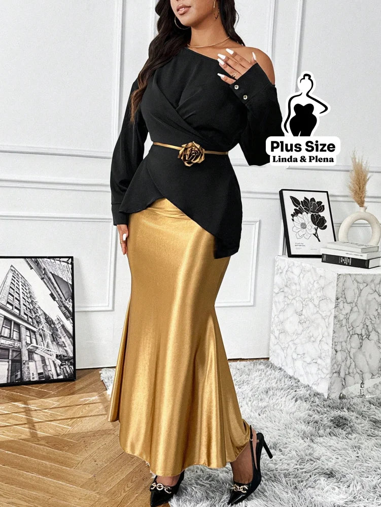 Conjunto Ombro Único Com Cinto Flor E Saia Cetim Plus Size Conjunto Ombro Único Com Cinto Flor E Saia Cetim Plus Size