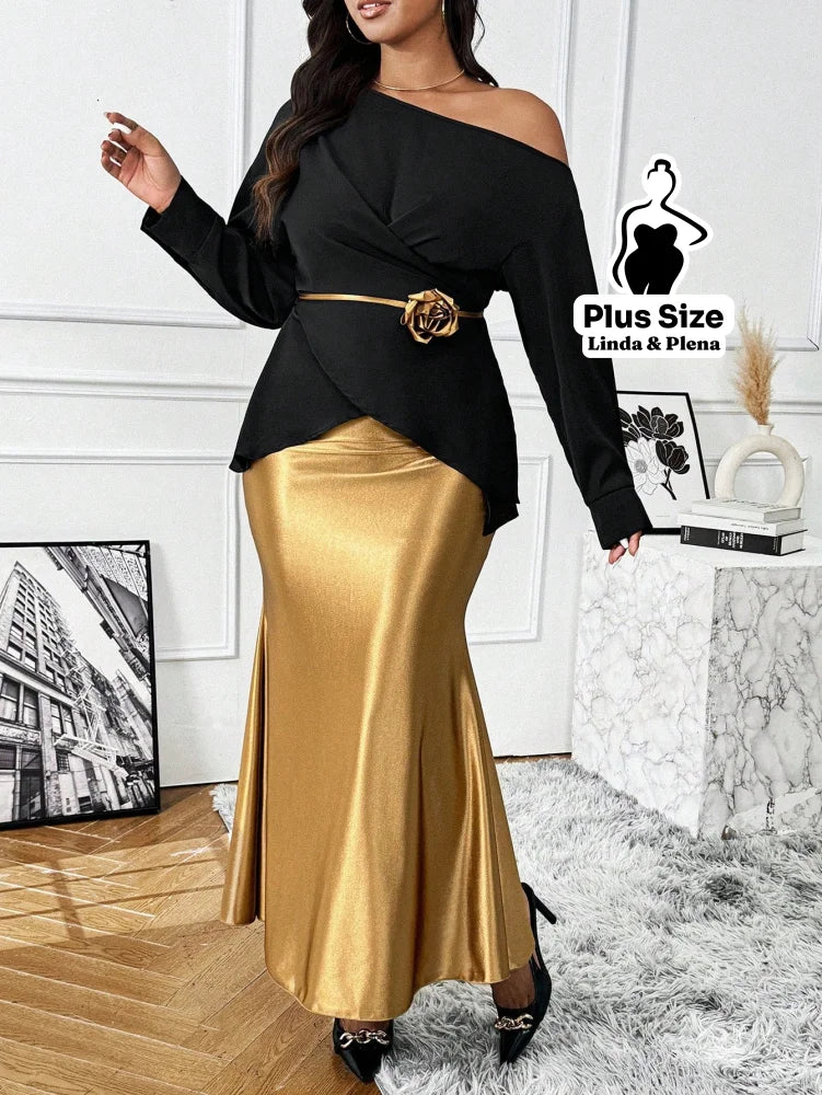 Conjunto Ombro Único Com Cinto Flor E Saia Cetim Plus Size Conjunto Ombro Único Com Cinto Flor E Saia Cetim Plus Size