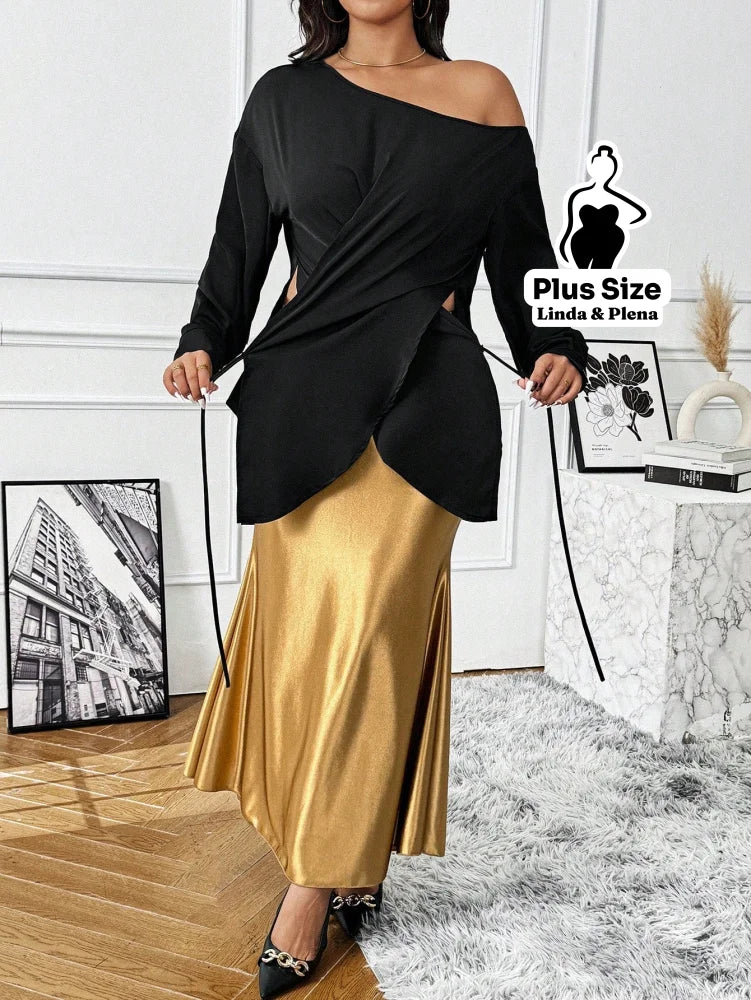 Conjunto Ombro Único Com Cinto Flor E Saia Cetim Plus Size Conjunto Ombro Único Com Cinto Flor E Saia Cetim Plus Size