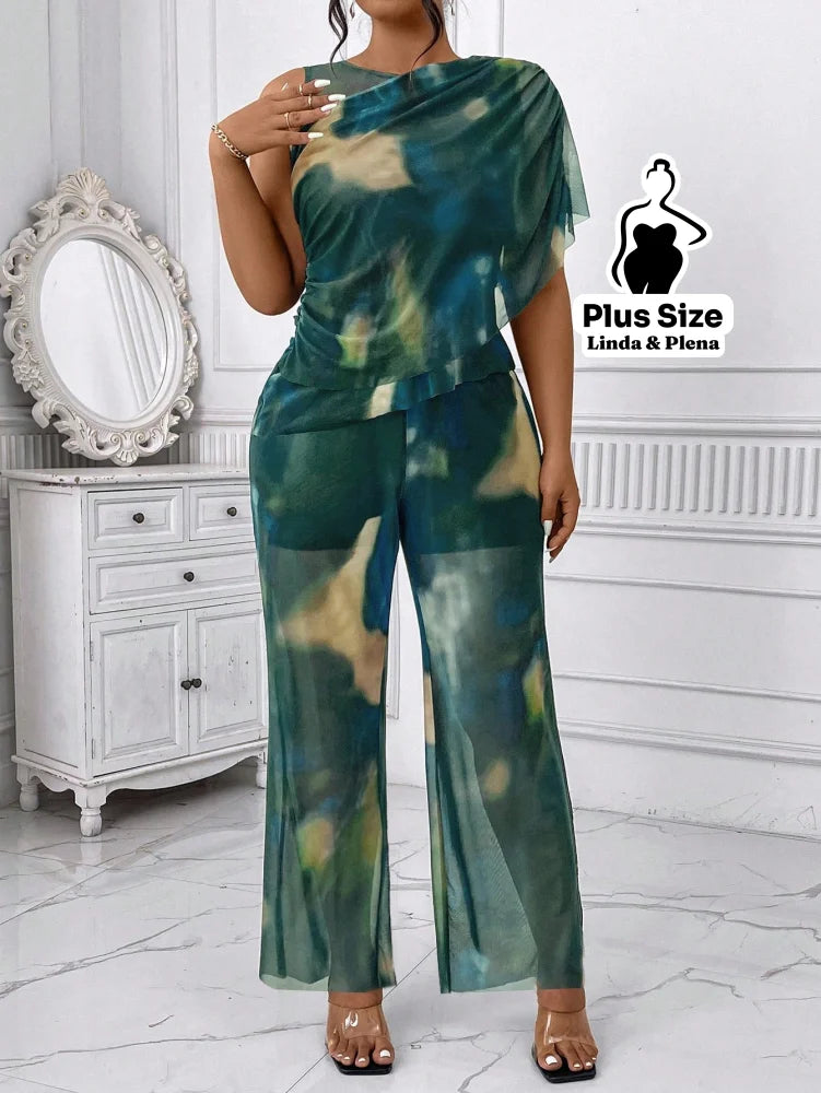 Conjunto Ombro Único Estampado Com Calça Transparente Plus Size Conjunto Ombro Único Estampado Com Calça Transparente