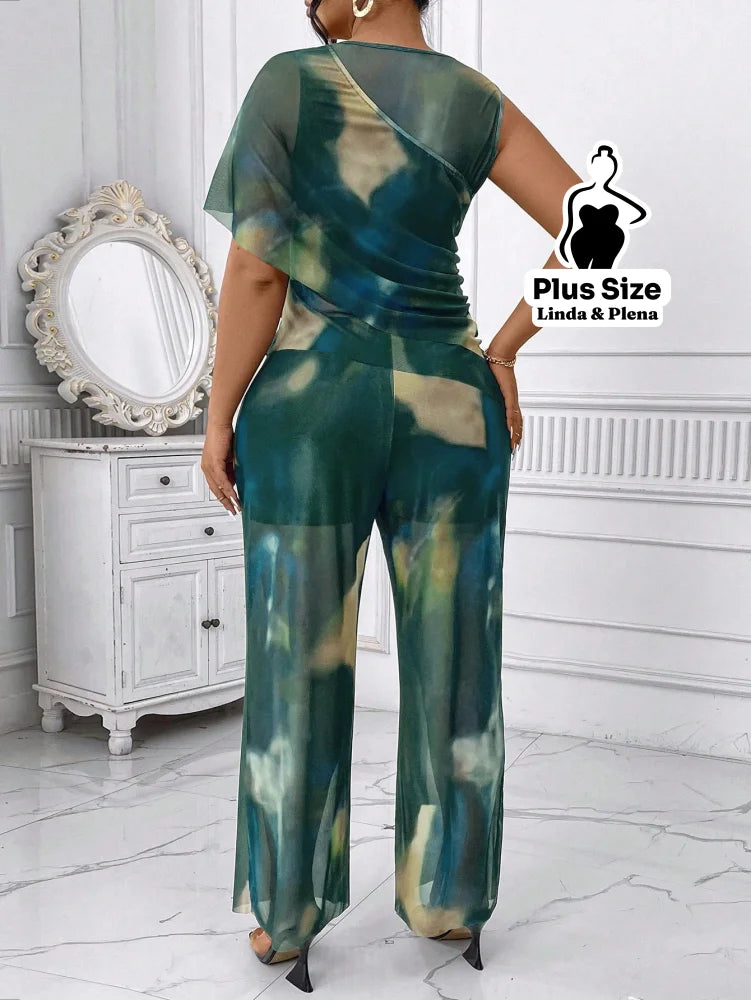 Conjunto Ombro Único Estampado Com Calça Transparente Plus Size Conjunto Ombro Único Estampado Com Calça Transparente